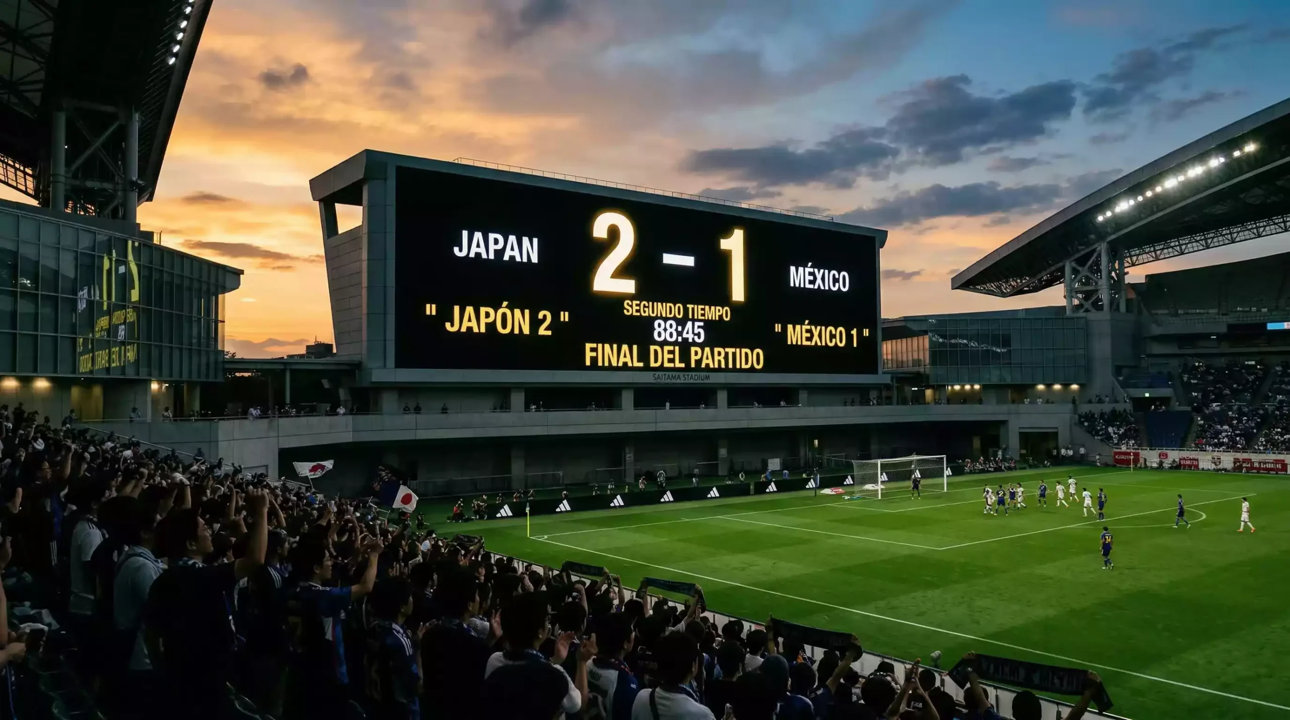 Marcador de estadio japonés mostrando el resultado de un partido de fútbol de la J League