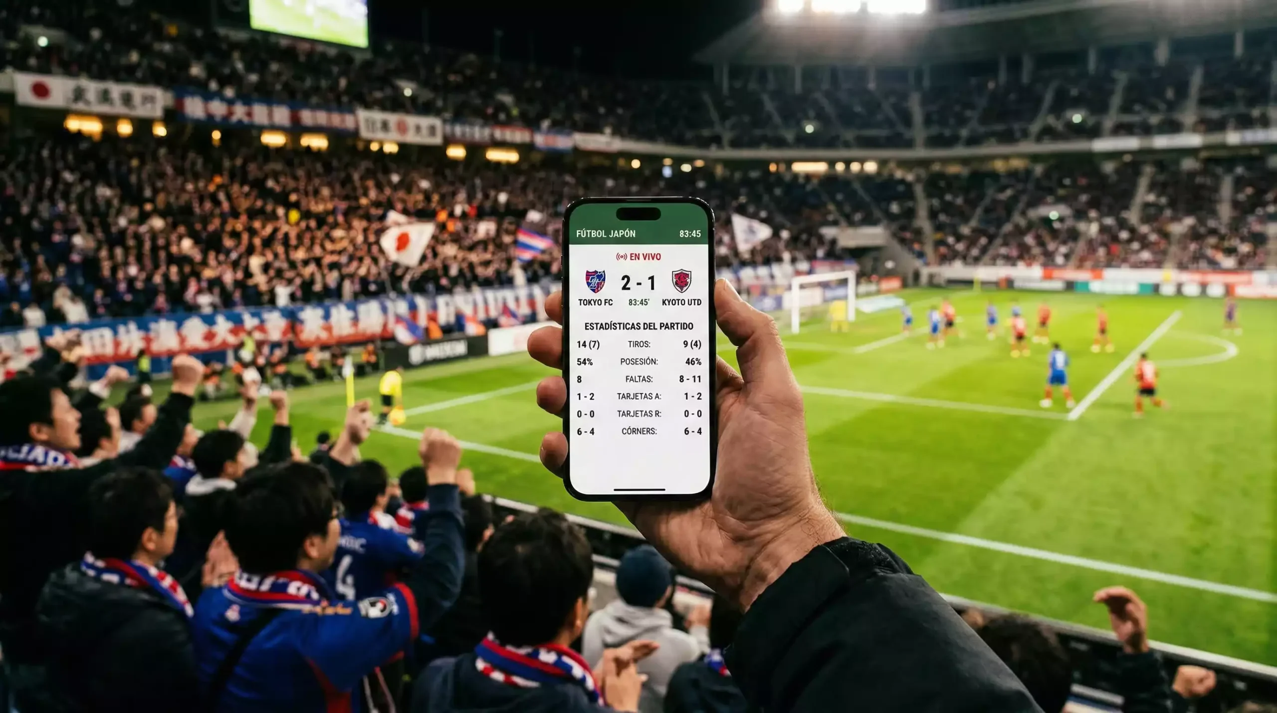 Aficionado con smartphone en la mano siguiendo un partido de fútbol en vivo en un estadio japonés