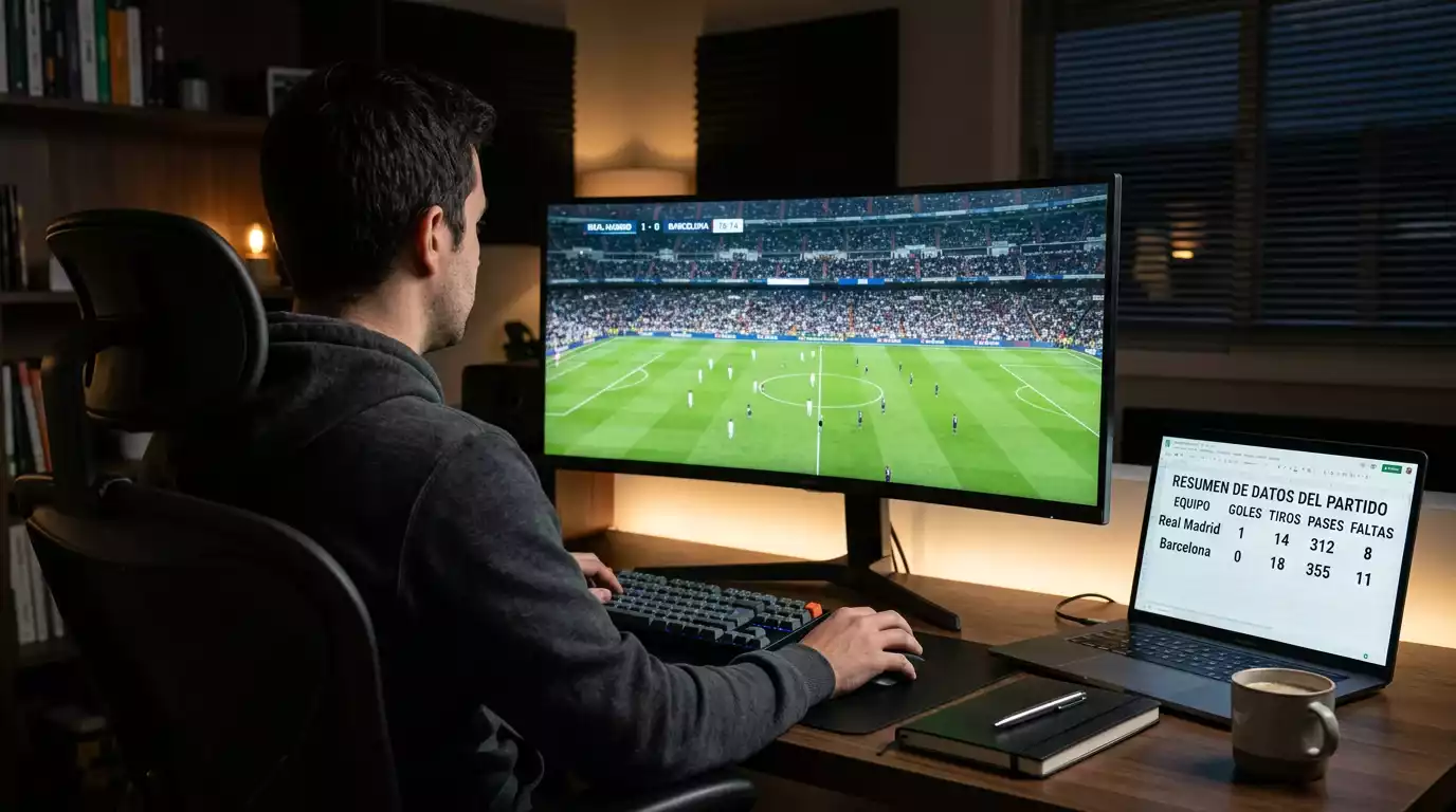 Persona viendo un partido de fútbol japonés en una pantalla mientras consulta datos deportivos en un portátil