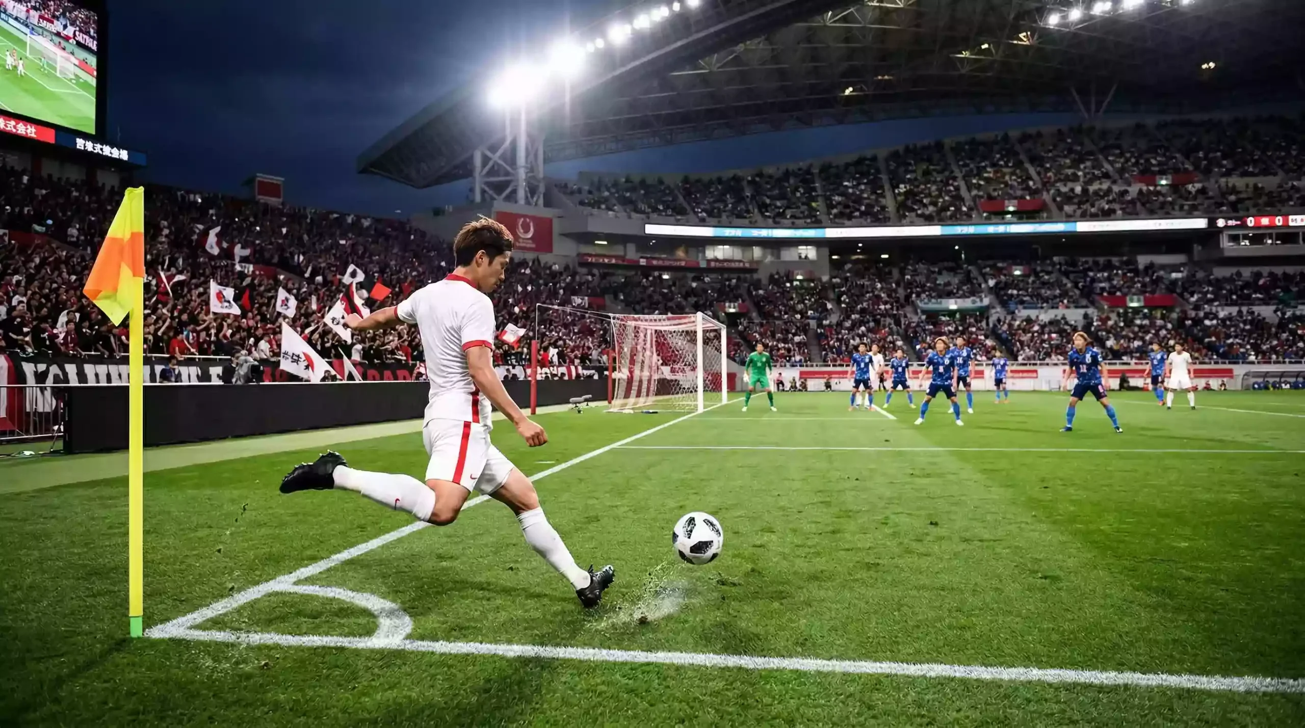 Jugador de fútbol ejecutando un tiro de esquina en un estadio japonés de la J League