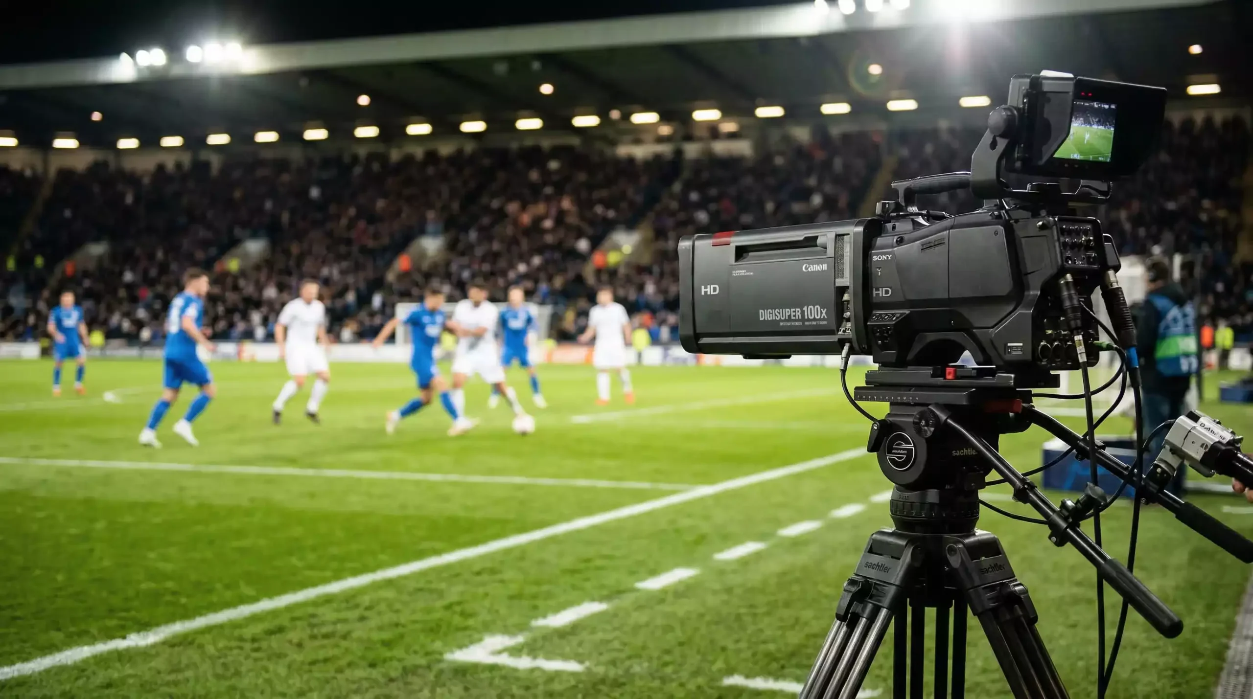 Cámara de televisión profesional enfocando un partido de fútbol de la J League en el estadio