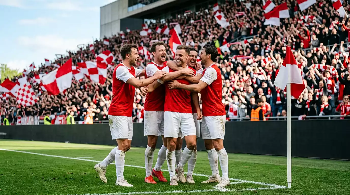 Jugadores de la J League celebrando un gol en un estadio lleno de aficionados con bufandas y banderas