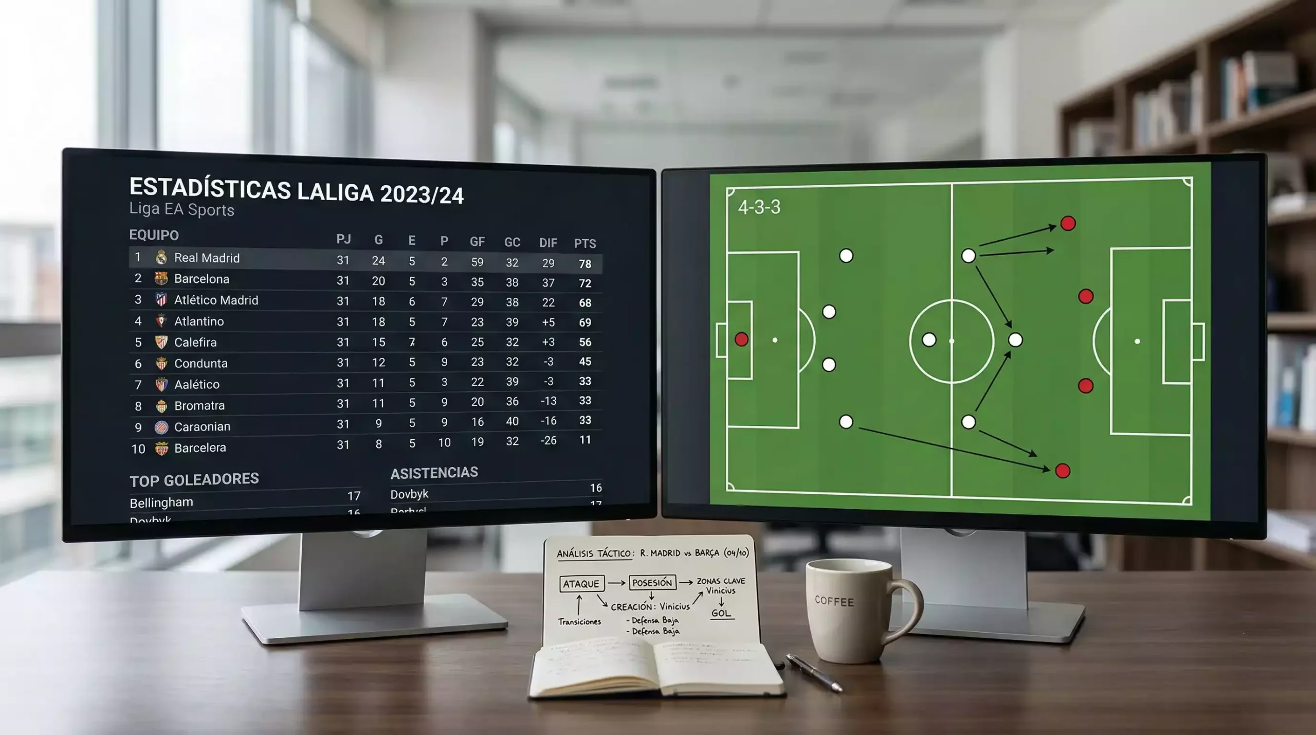Escritorio de analista con múltiples pantallas mostrando estadísticas de fútbol de la J League