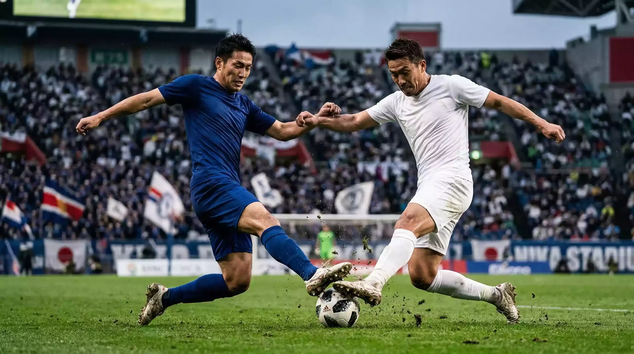 Jugadores de fútbol japonés en acción intensa disputando el balón en la J League