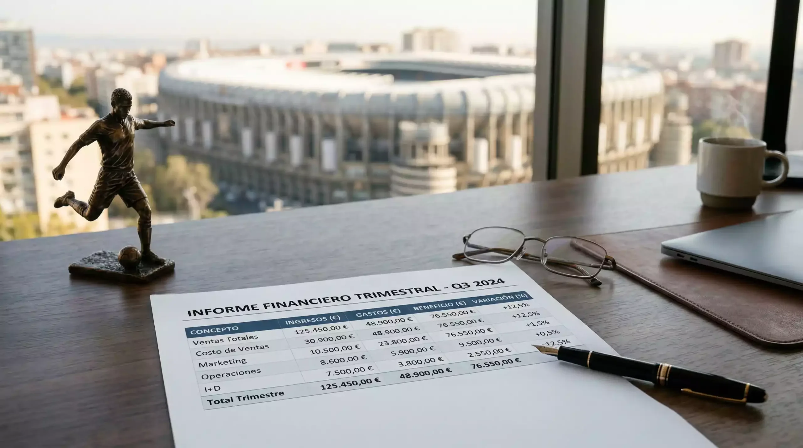 Documento financiero con un símbolo de yen sobre un escritorio junto a un estadio de fútbol japonés