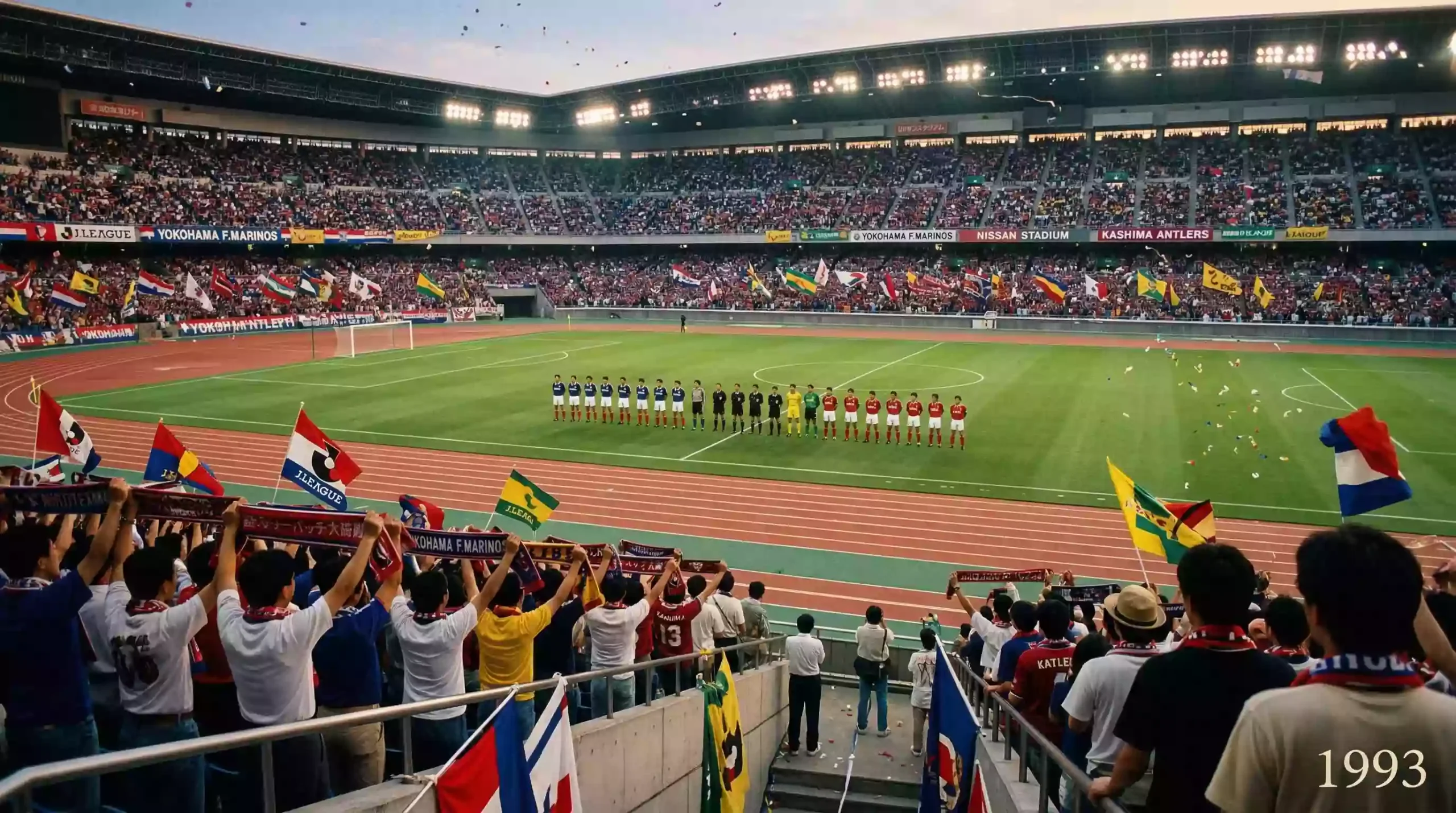 Estadio de fútbol japonés lleno de aficionados celebrando el nacimiento de la J League en 1993