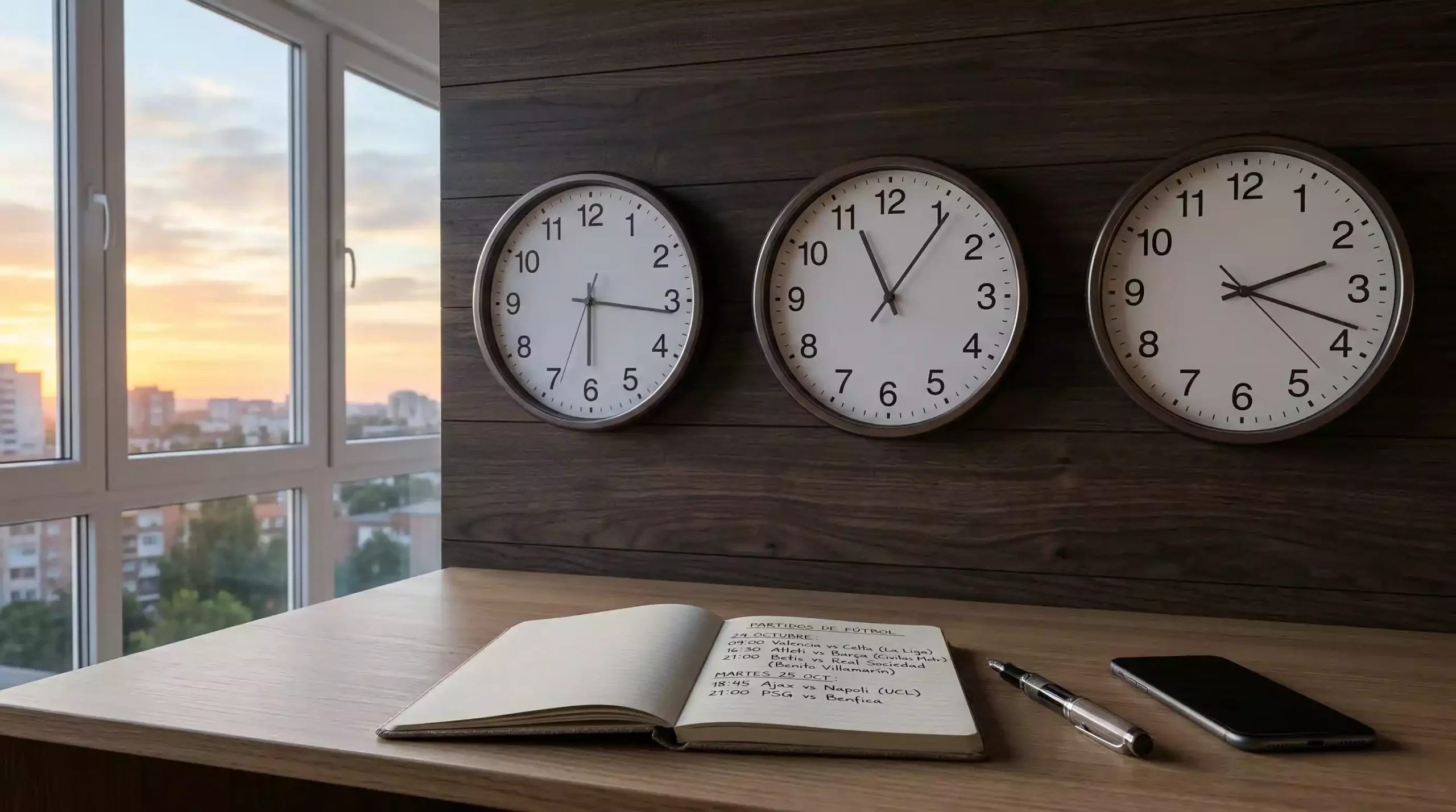 Relojes de pared mostrando diferentes zonas horarias de Japón, España y Latinoamérica con un campo de fútbol de fondo