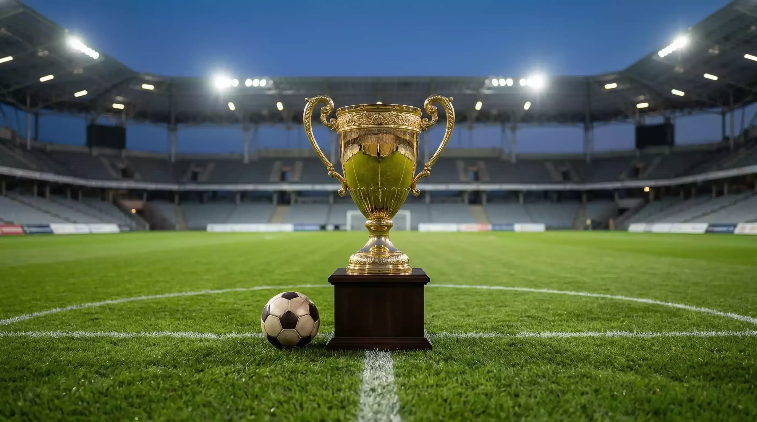 Trofeo dorado de la AFC Champions League junto a un balón de fútbol en un campo asiático