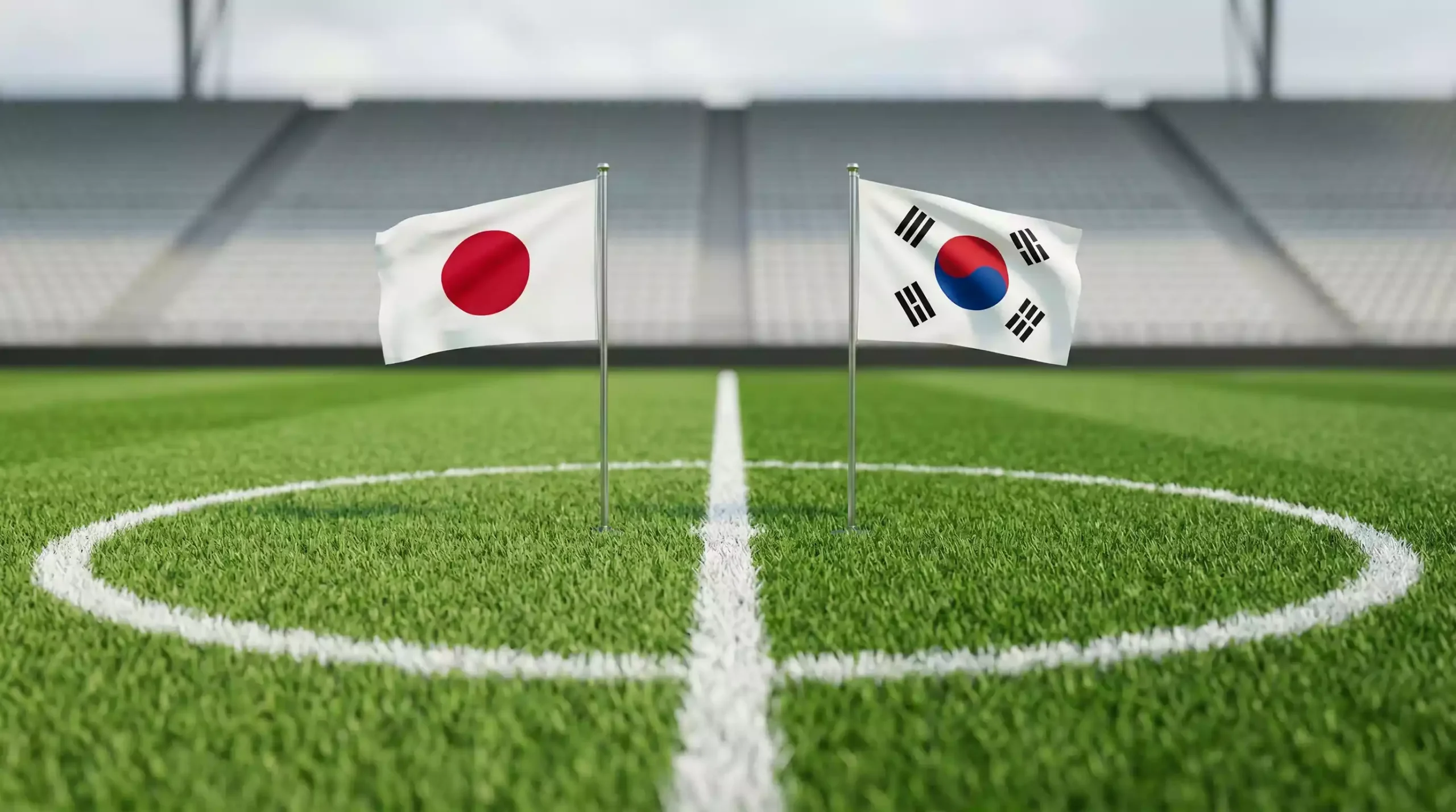 Dos banderas de Japón y Corea del Sur sobre un campo de fútbol representando la comparación entre ligas