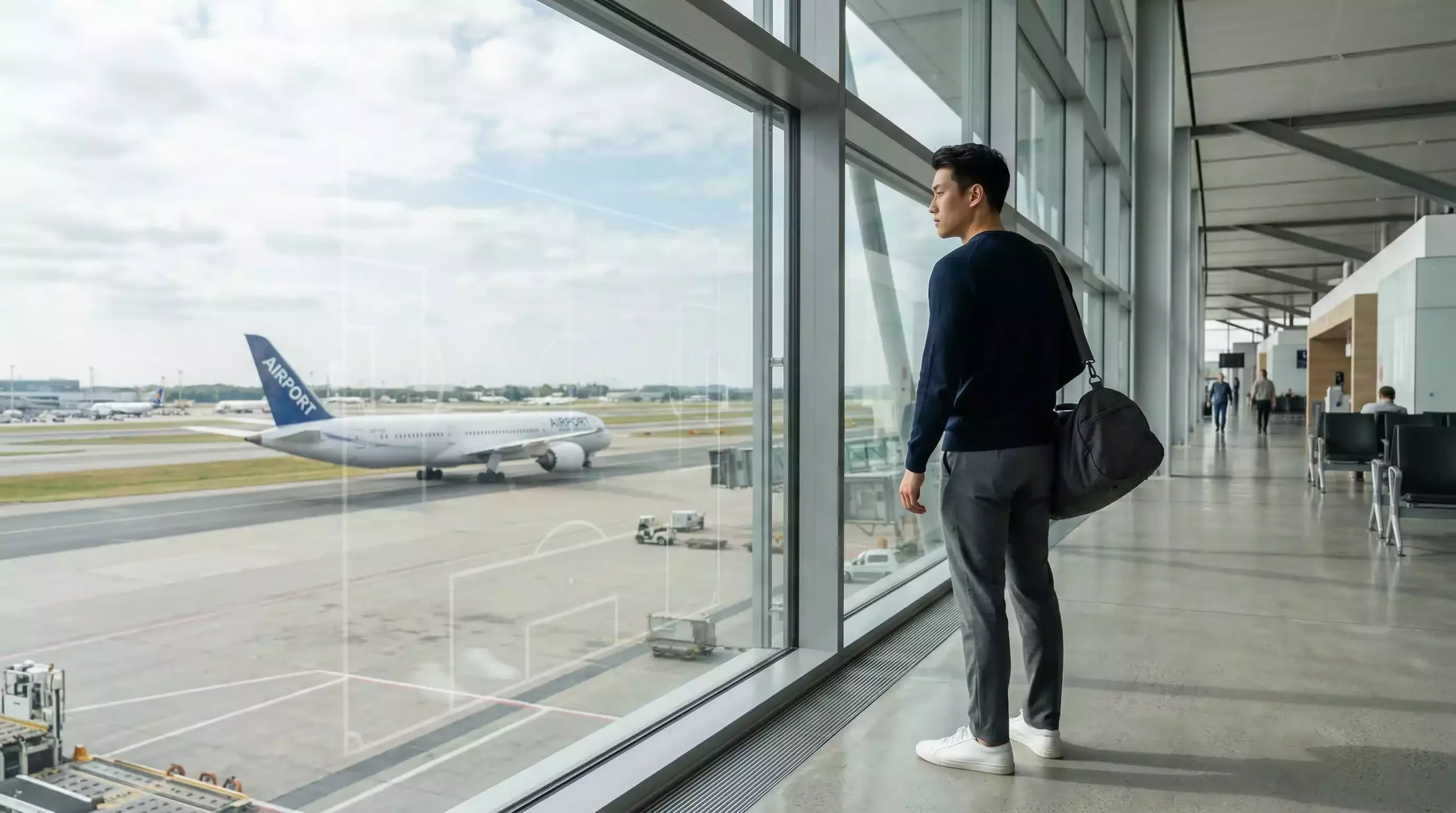 Futbolista japonés con maleta frente a un aeropuerto partiendo hacia una liga europea
