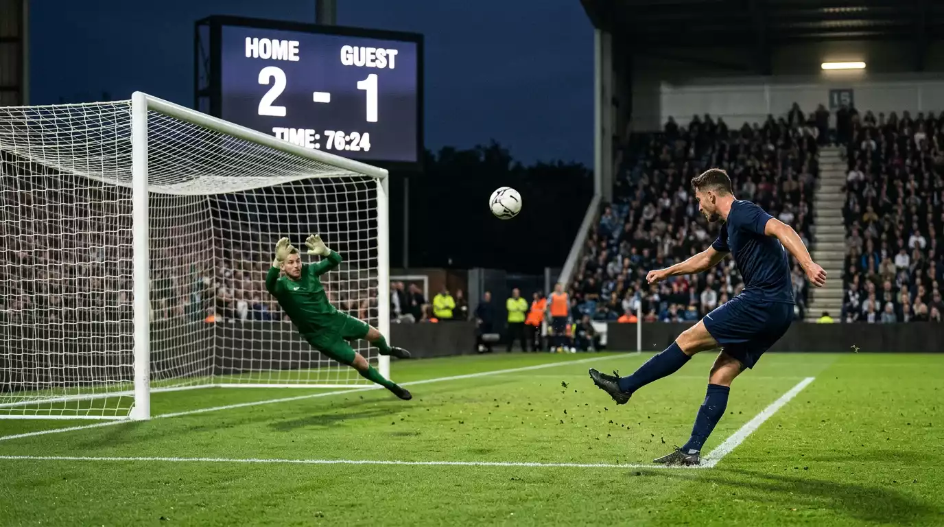 Marcador electrónico de un estadio japonés mostrando el resultado de un partido de la J League con gradas al fondo