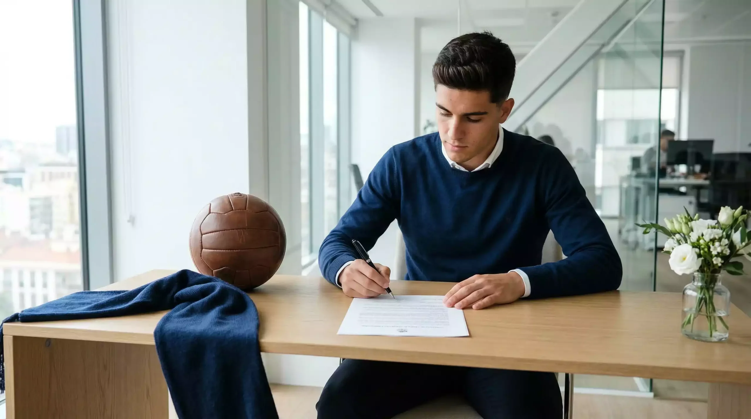 Futbolista japonés firmando un contrato profesional en un escritorio con un balón de fútbol al lado