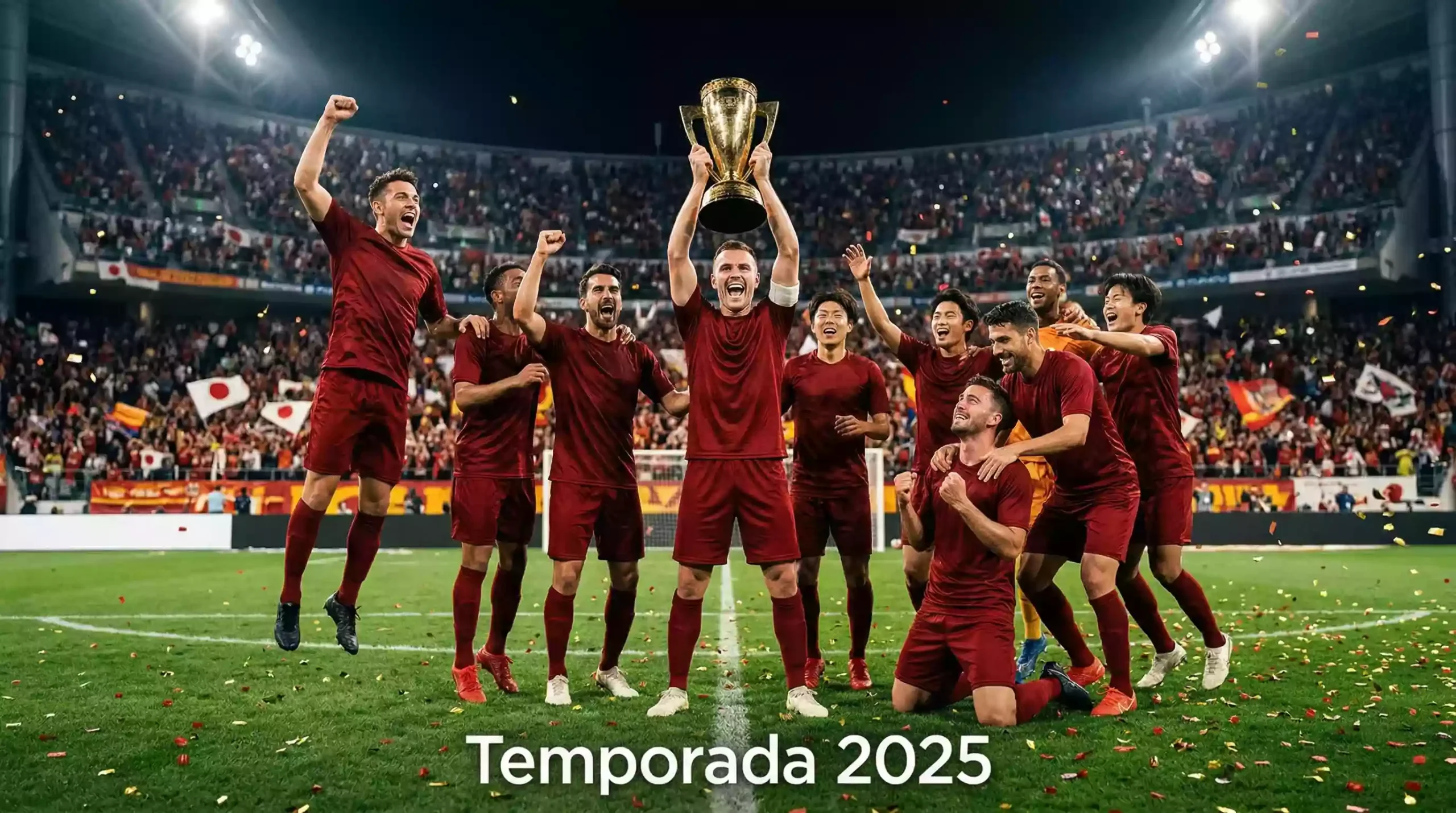 Jugadores de fútbol japonés celebrando con el trofeo de la J1 League temporada 2025 en el campo