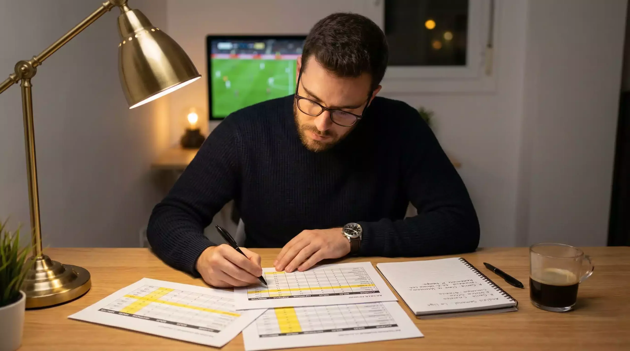 Analista de fútbol estudiando estadísticas de la J League en un escritorio con documentos y pantalla