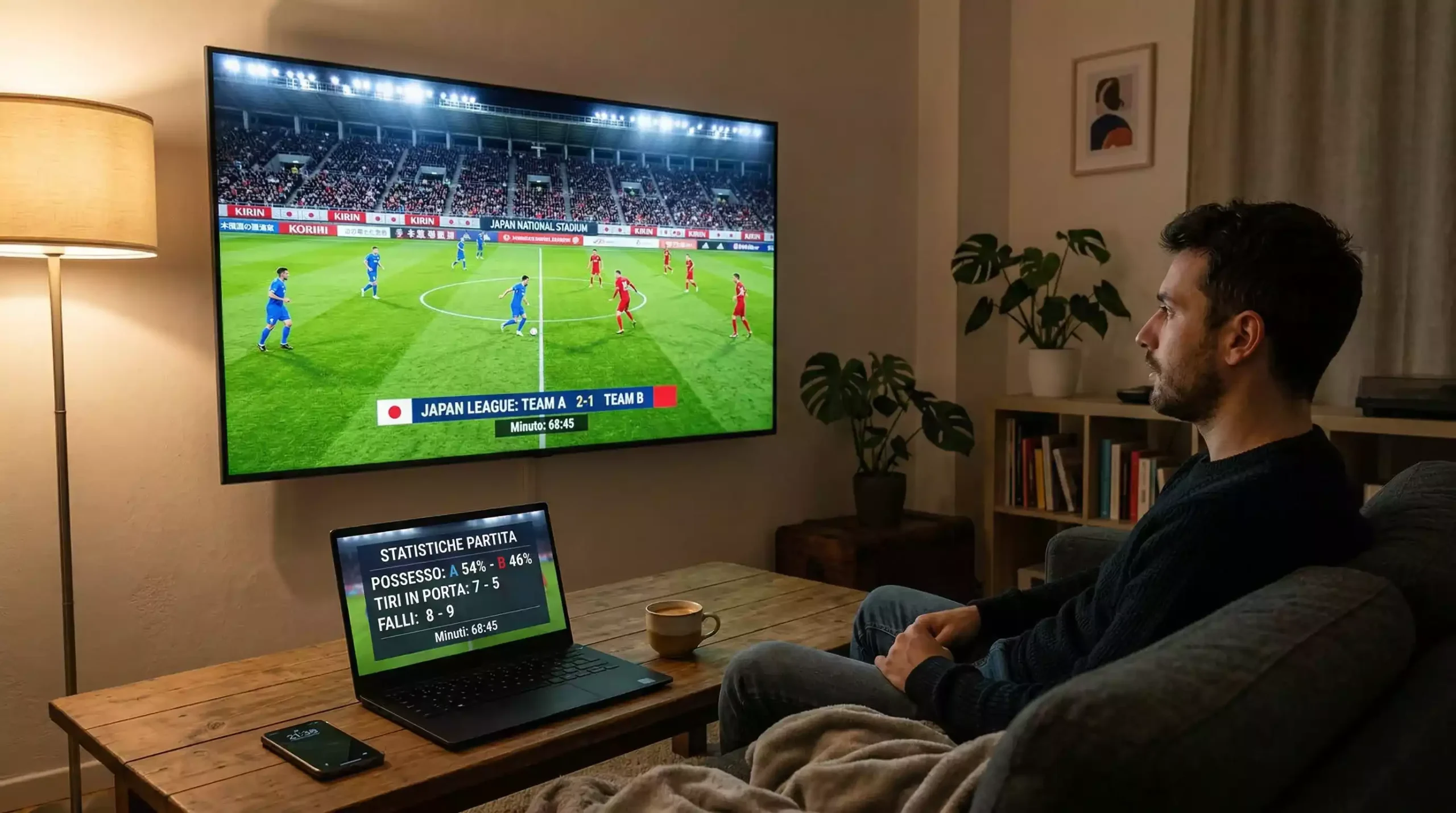 Persona viendo un partido de la J League en vivo en una pantalla de televisión desde su sala