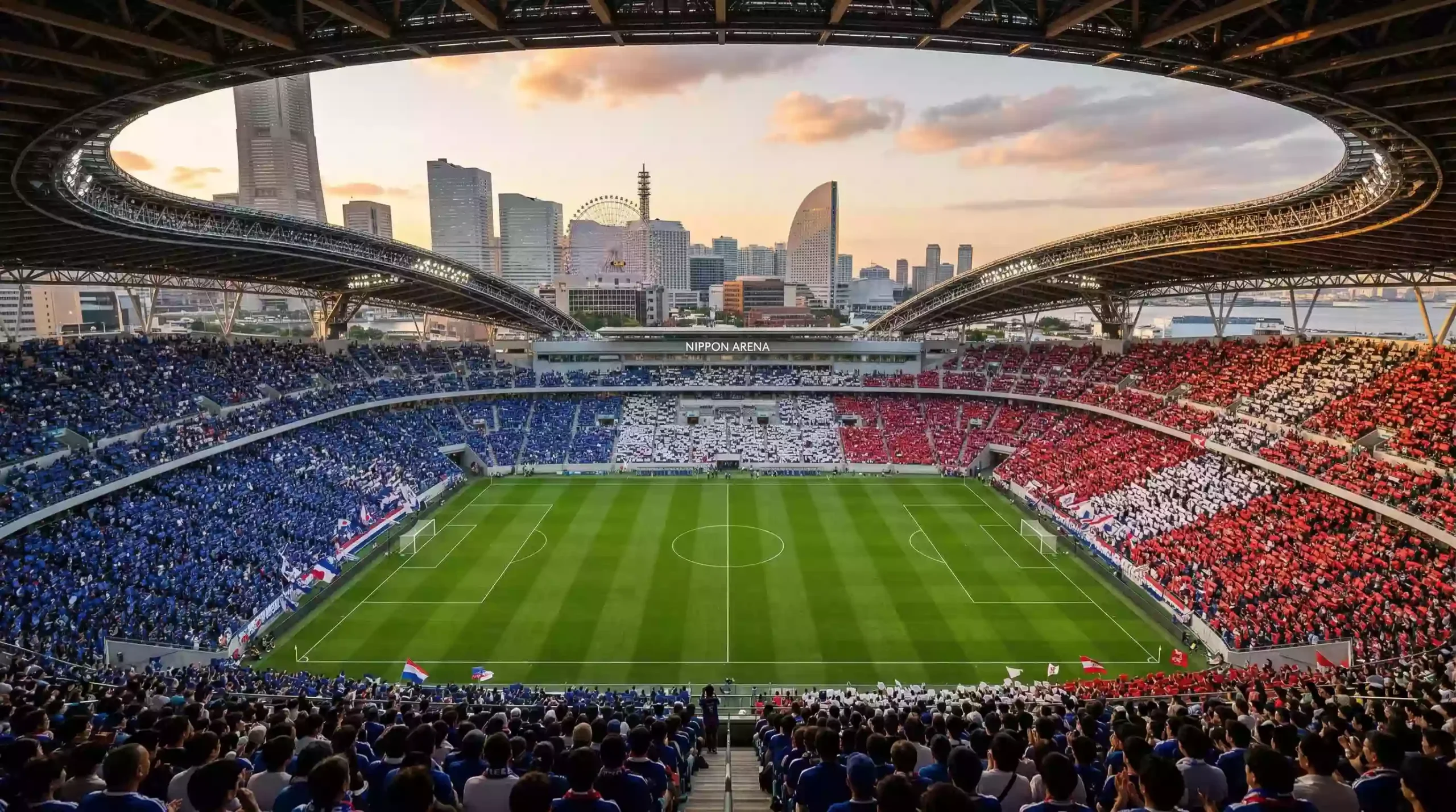 Estadio de fútbol de Yokohama Marinos con aficionados tricolores azul blanco y rojo